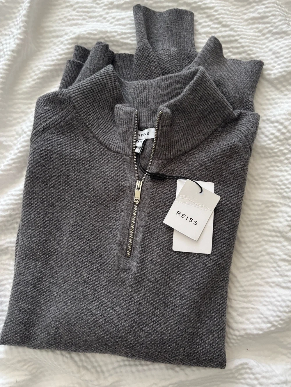 Reiss Gray Textured Funnel Quarter zip Wool Blend Sweater